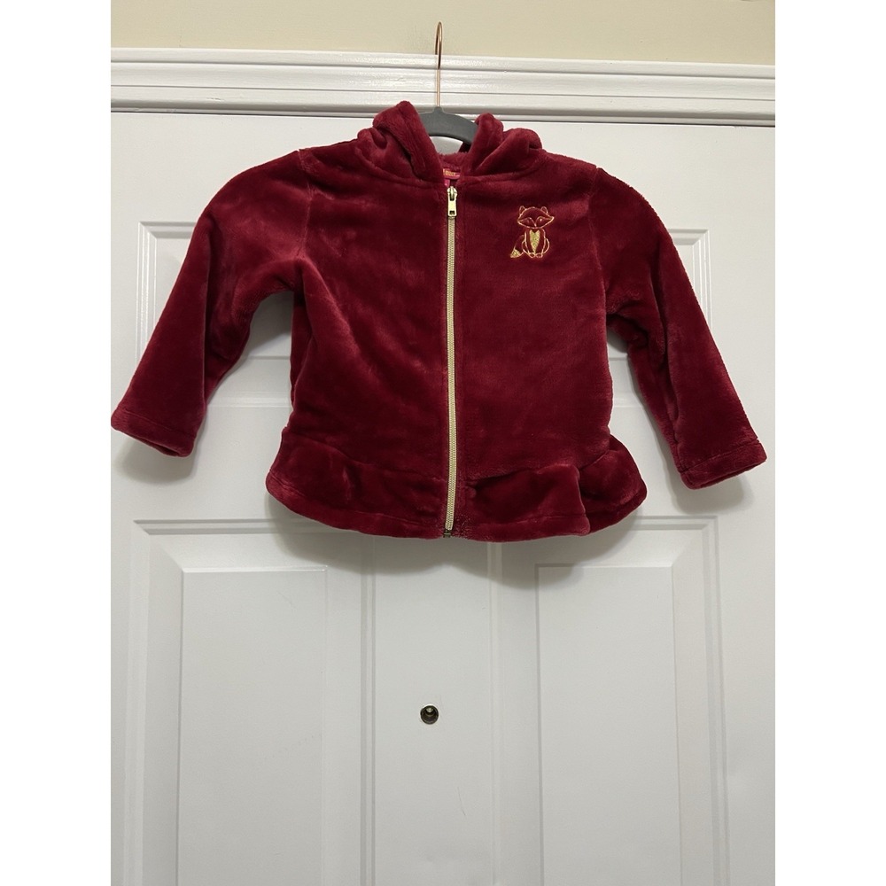 Penelope Mack Girls Toddler Red Fuzzy Jacket Size 3T Hooded Full Zip Ears